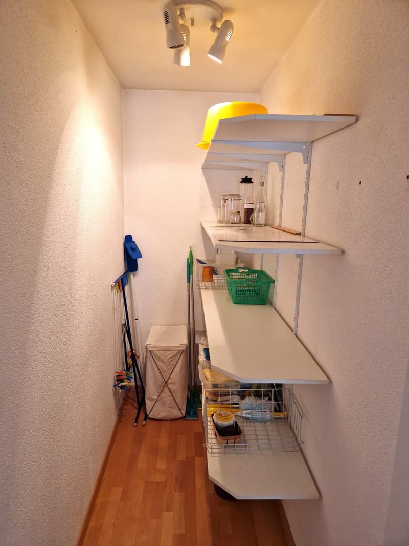 The image shows a utility room with a washing machine, shelves, and storage baskets. The room has a hardwood floor and white walls, with a yellow light fixture overhead.