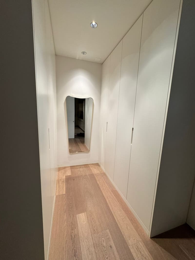 modern hall with wooden floors, white walls, large mirror, built-in wardrobes