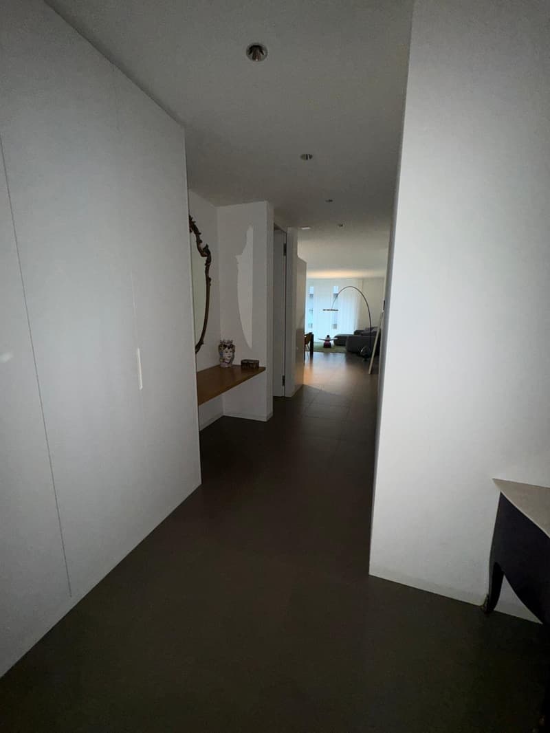 wide hallway, white walls, wooden shelves, mirror, tile floor, light lamps on ceiling