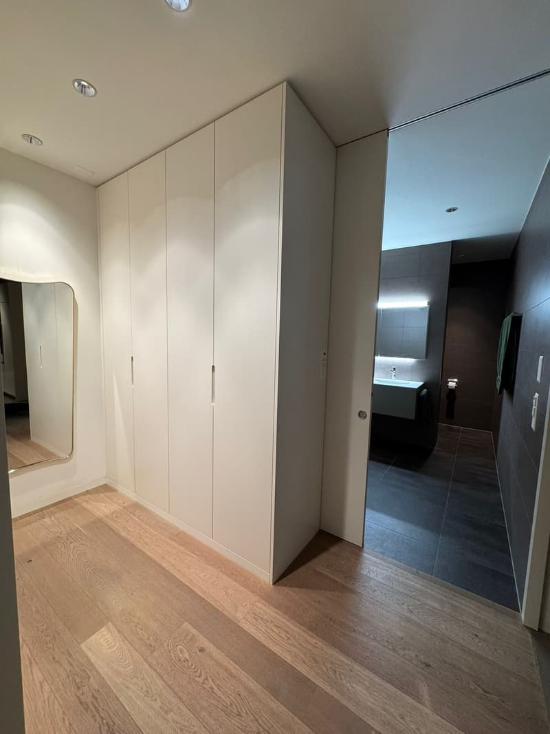 large wardrobe, mirror, hardwood flooring, open door to bathroom