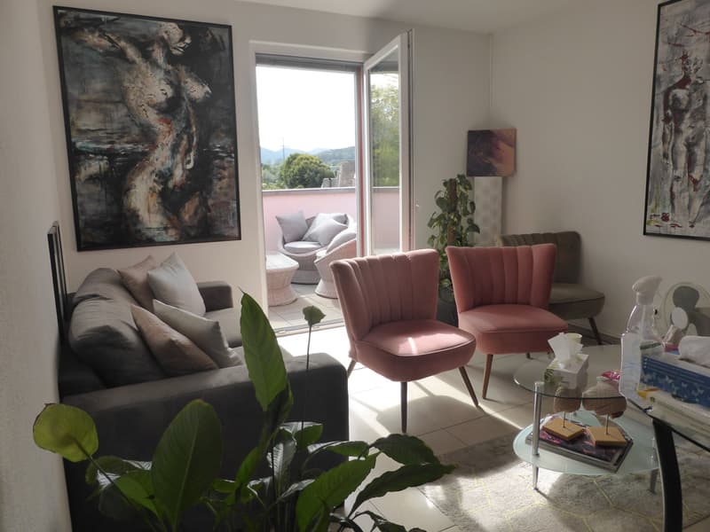 gray couch, pink chairs, gray carpet, balcony, large window, paintings, plants, table