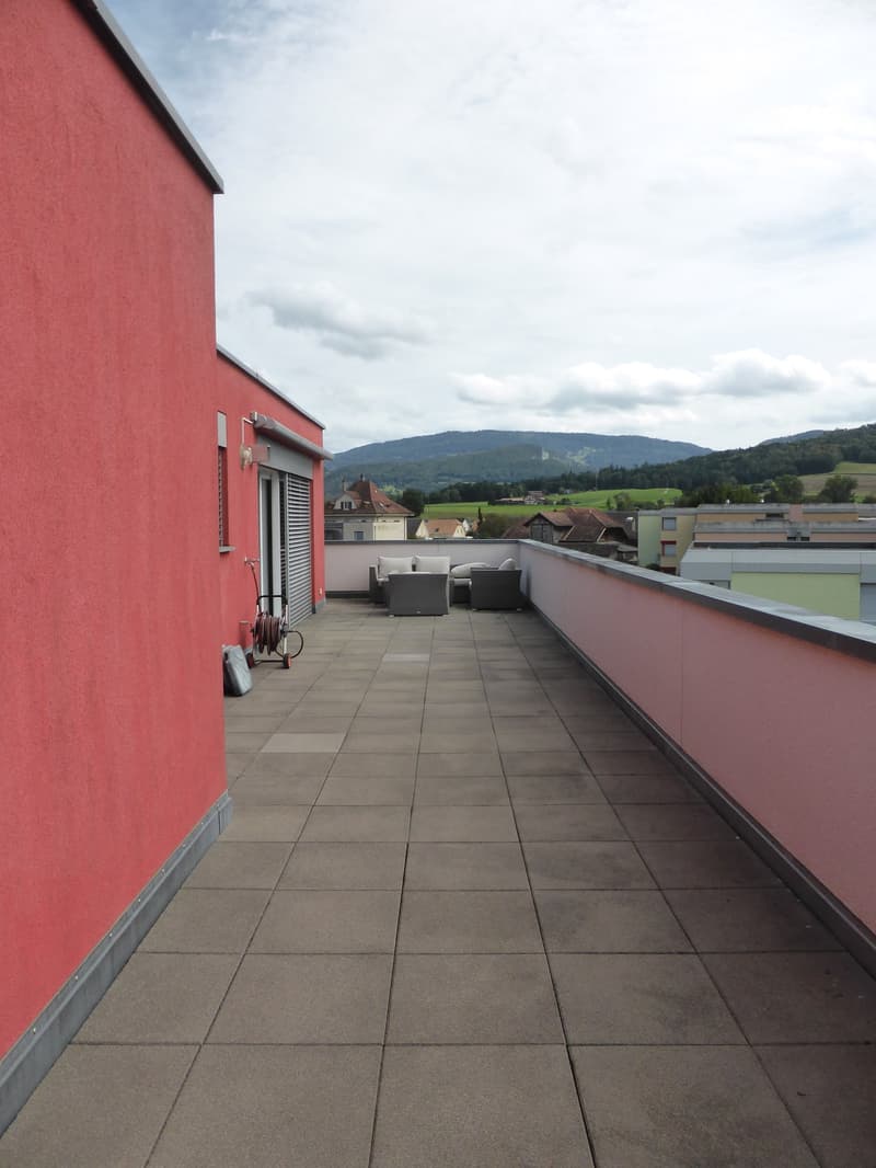 rooftop terrace, gray tiles, pink walls, distant mountain views