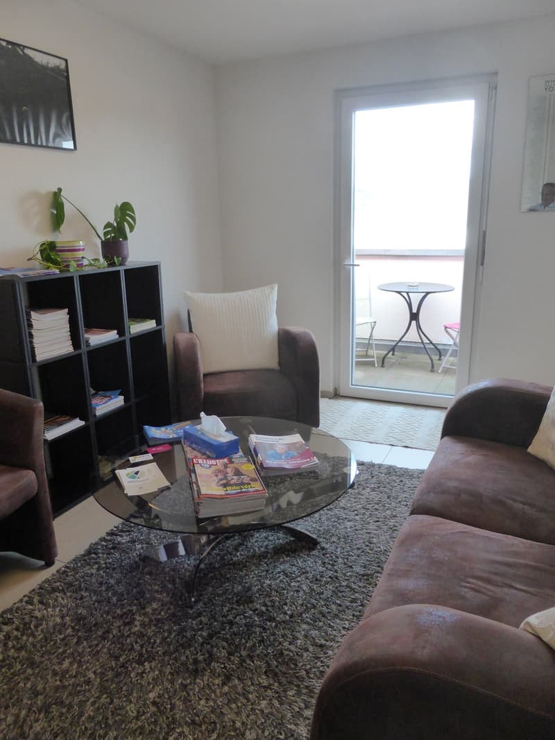 a living room with couch, coffee table, book shelf, picture frame, and balcony