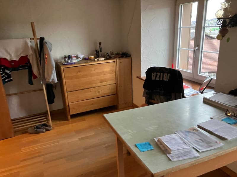 wooden cabinet, desk, papers, wooden floor, open window