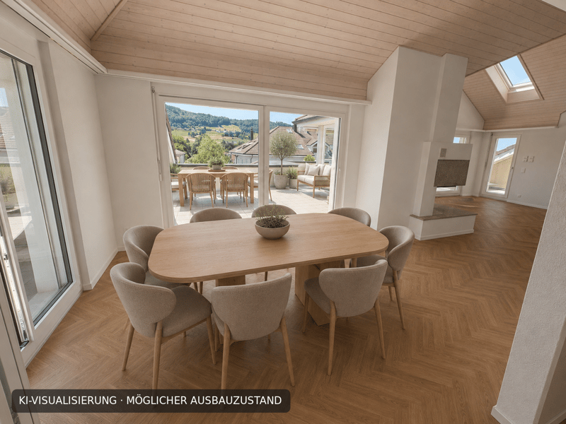 Offener Essbereich mit Zugang zur Terrasse - virtuell möbliert