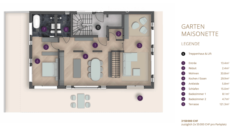 stairs, living room, kitchen, 3 bedrooms, 2 bathrooms, storage, terrace