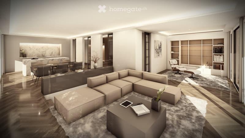 modern furniture, L-shaped couch, center table, floor to ceiling windows, large rug