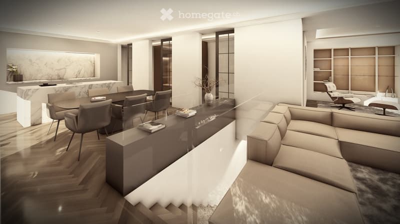 Contemporary living room with dining area, modern furnishings, marble counter, gray sectional sofa, white floor, large windows