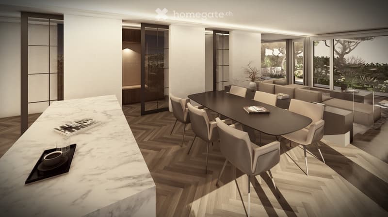 Large dining table, marble countertop, wooden floor, large windows, balcony