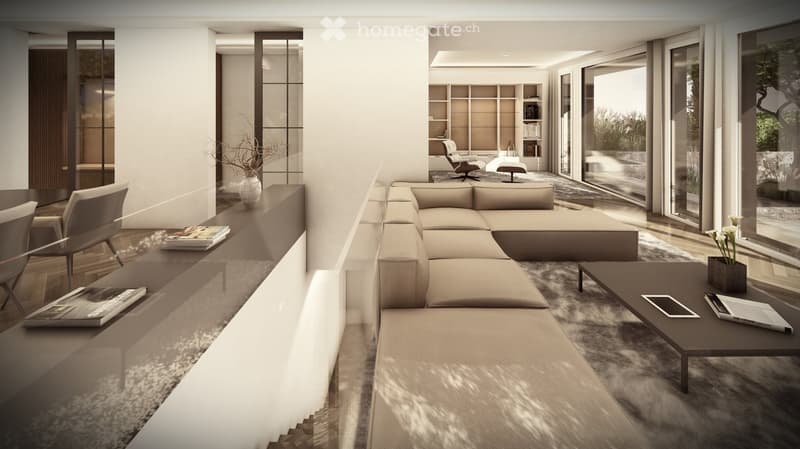 modern decor, large L-shaped sofa, two glass tables, chairs, white walls, windows, glass railing