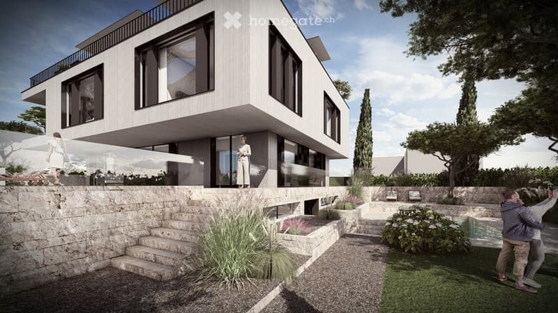 modern design, raised ground floor, large windows, steps leading to terrace, outdoor swimming pool