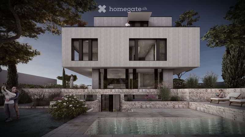 modern architecture, raised ground floor, swimming pool, paved terrace, stone wall, large windows, white walls