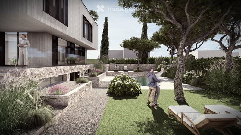 modern house, swimming pool, terrace, loungers, view