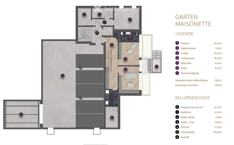 floor plan showing various rooms including an entree, badezimmer, studio, hobbyraum, waschen, keller, and gartenaufgang.