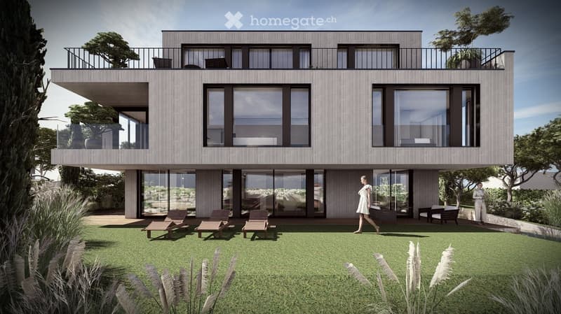 Modern two-story house, large glass windows, balcony, garden, concrete floor