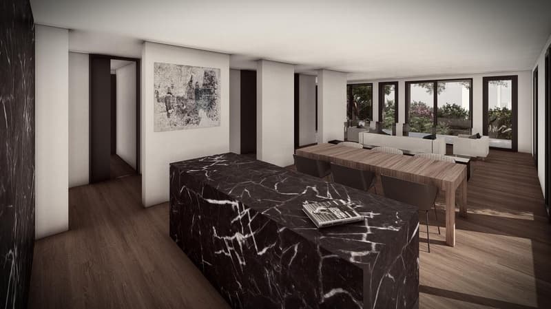 Dining room with large windows, wooden floor, black marble counter, dining table, chairs, artwork on the wall, and a view of the garden.