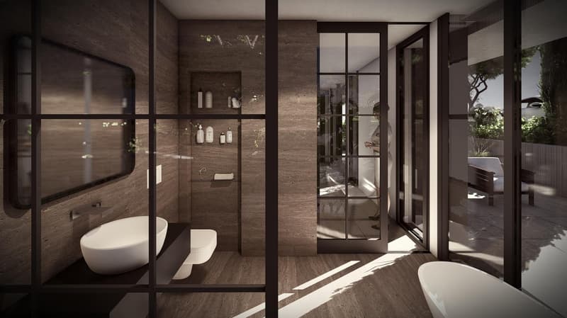 modern bathroom with large windows, white sink, white toilet, bathtub, wooden floor, glass walls