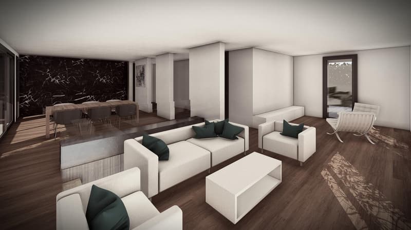 modern living room with white furniture, wooden floor, large windows, marble wall, dining table, and chairs