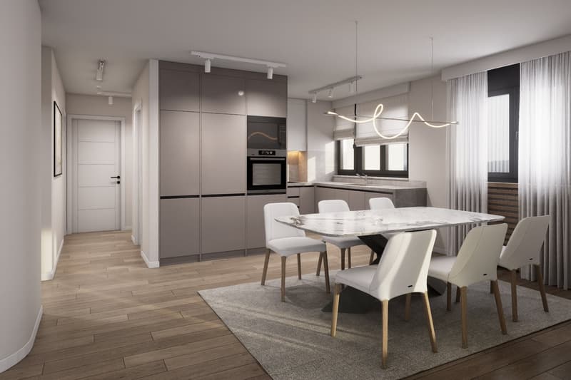 Dining room with a marble table, white chairs, gray rug, modern kitchen with built-in oven and microwave, wooden floor, white walls, and ceiling lights.
