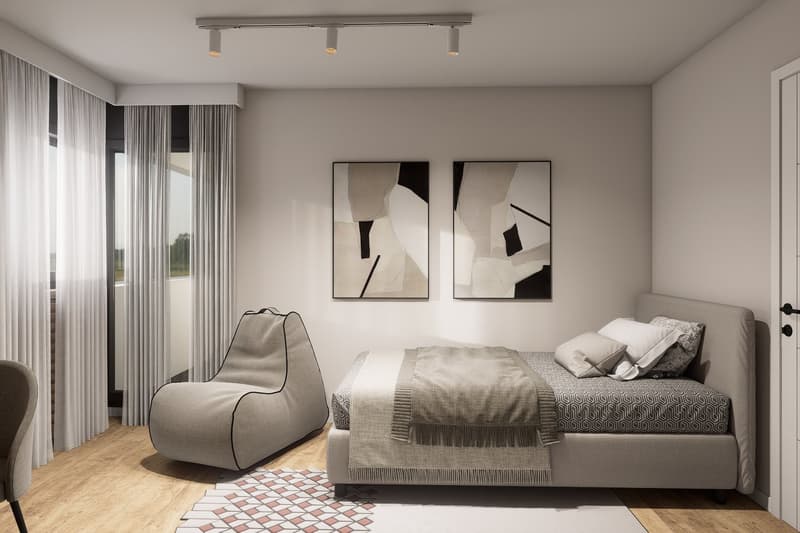 Bedroom with bed, bean bag chair, rug, two paintings, white curtains, wooden floor