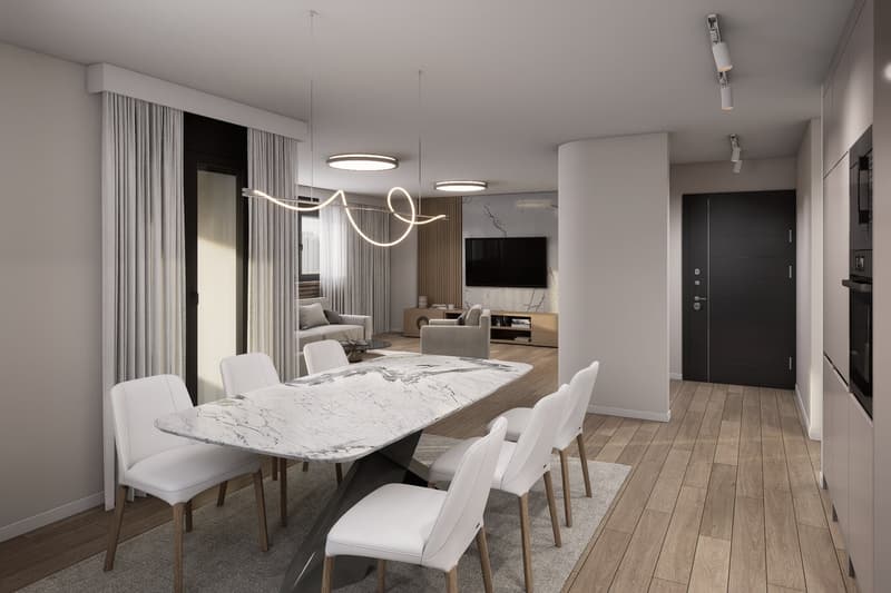 Dining room with a large marble table, white chairs, and a modern chandelier. The room has a wooden floor and a white wall with a large window. There is a living room with a couch, a TV, and a wooden cabinet. The room has a black door and a white ceiling