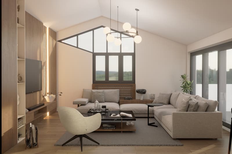 modern living room with large windows, gray sofa, coffee table, armchair, TV, wooden floor, wooden shelves, chandelier
