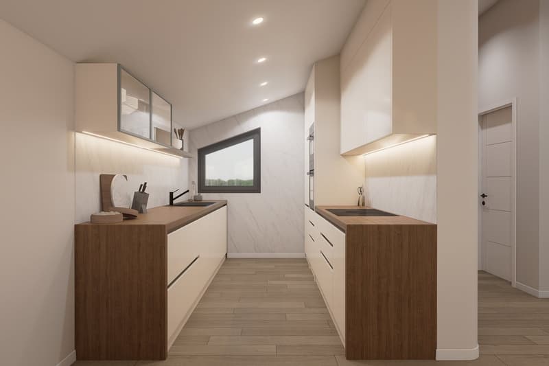 modern kitchen with wooden countertops, white cabinets, white walls, wooden floor, two sinks, and a window