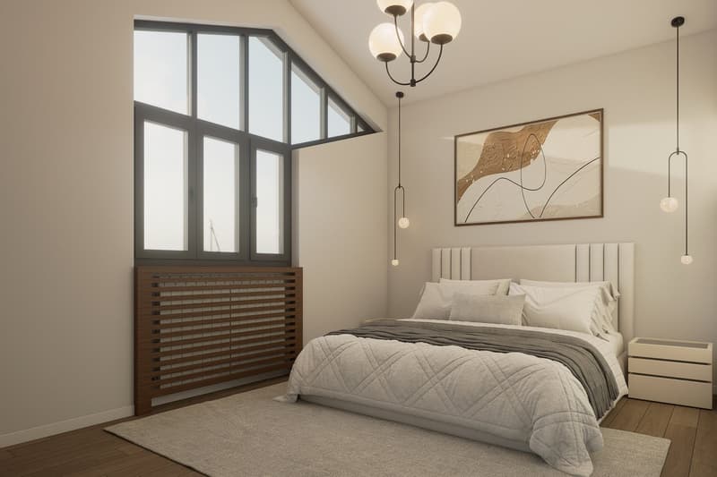Bedroom with a large window, wooden floor, white walls, a bed with white bedding, a wooden headboard, a nightstand, a chandelier, and a framed picture on the wall.