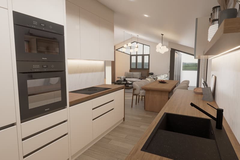 modern kitchen with white cabinets, wooden countertops, black oven, induction cooktop, sink, faucet, and dishwasher