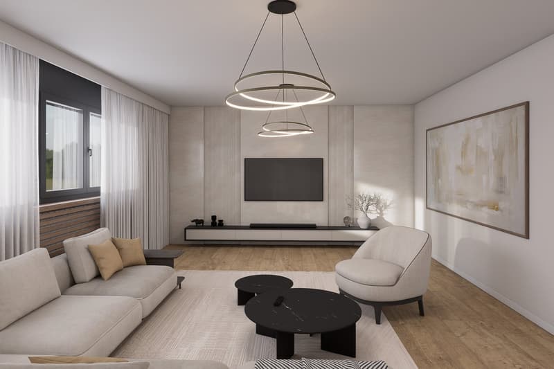 modern living room with a large sofa, two armchairs, a coffee table, a television, and a wooden floor