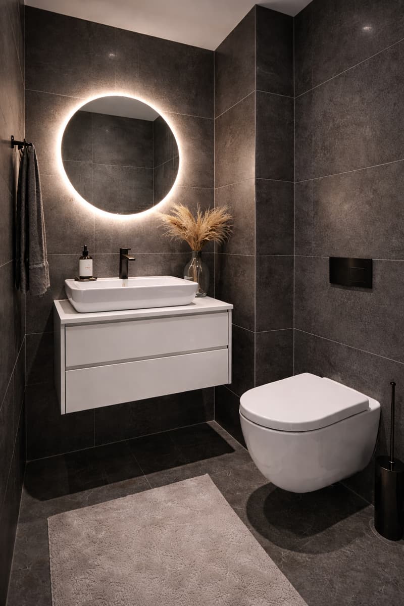 modern bathroom with gray tiles, white vanity, round mirror, white toilet, floor mat