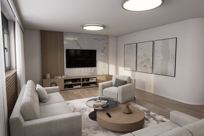 modern living room with a large sofa, armchair, coffee table, TV, wooden floor, and white walls