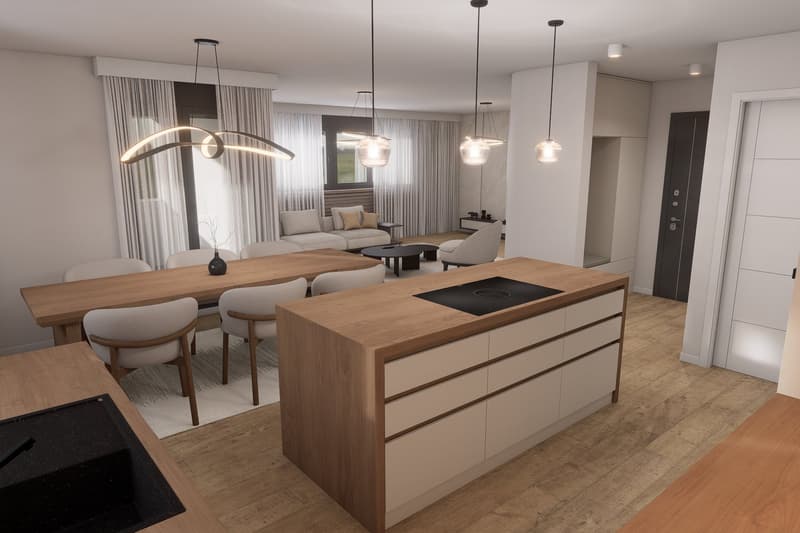 Open plan kitchen and living room, dining table, couch, chairs, pendant lights, wooden floor, white walls