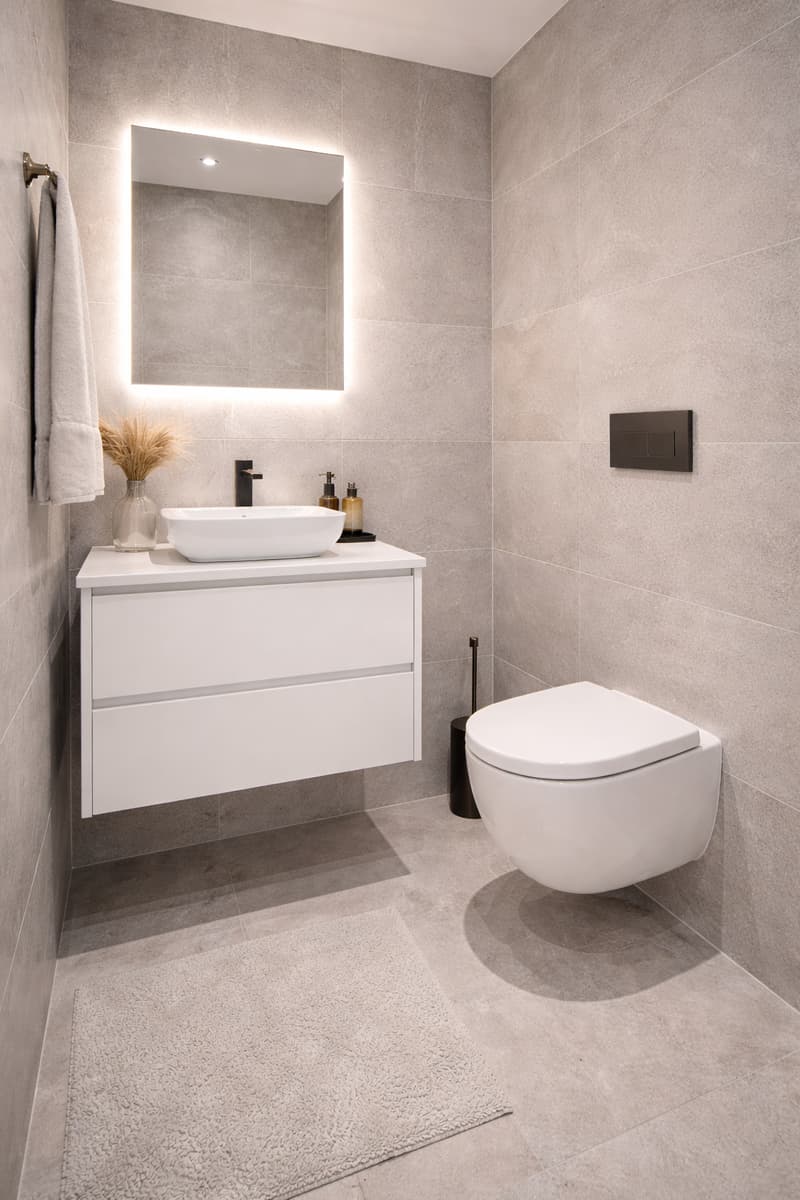 modern bathroom with white sink, mirror, toilet, and tiled walls