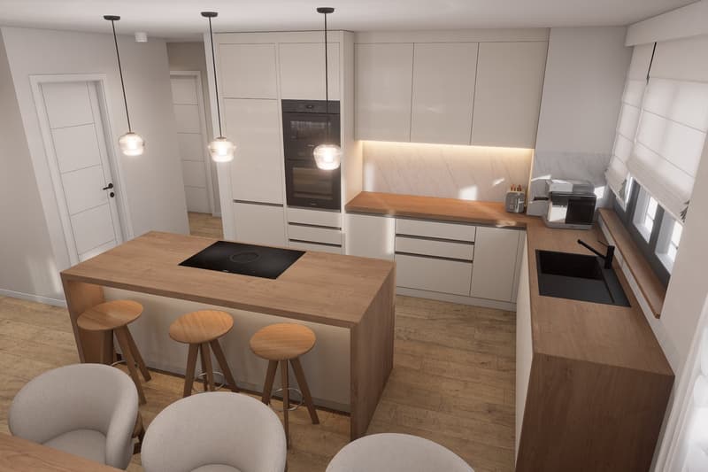 modern kitchen with wooden island, induction stove, wooden cabinets, white countertops, white chairs, wooden stools, hanging lamps, white walls, wooden floor