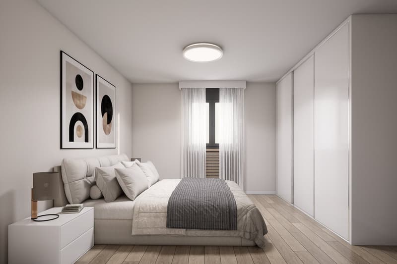 modern bedroom with bed, nightstand, lamp, artwork, sliding wardrobes, ceiling light, wooden floor