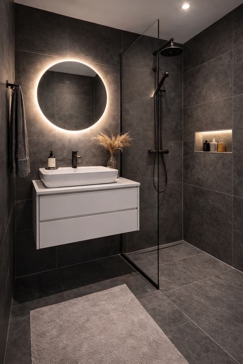 modern bathroom with a white sink, a round mirror, a glass shower enclosure, and a towel rack
