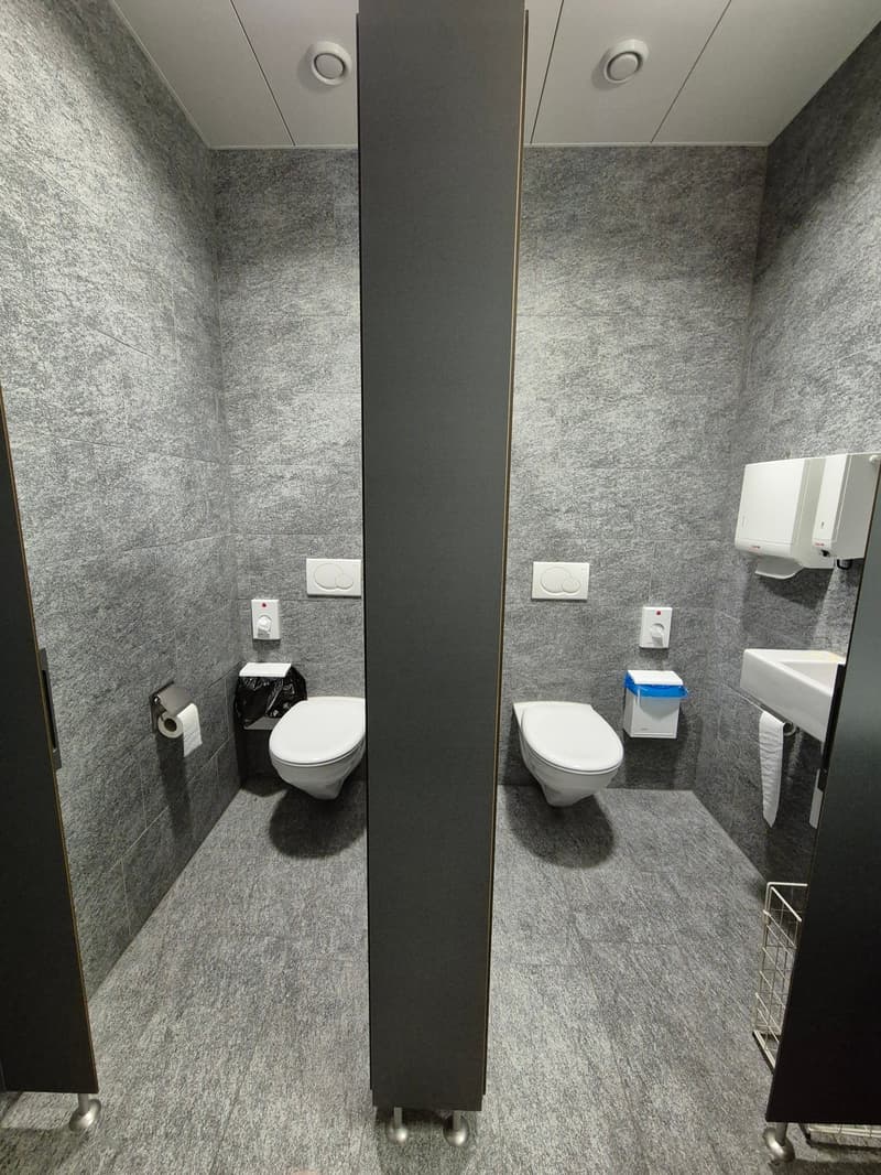 Small grey bathroom with two toilets, sinks, and tiled walls