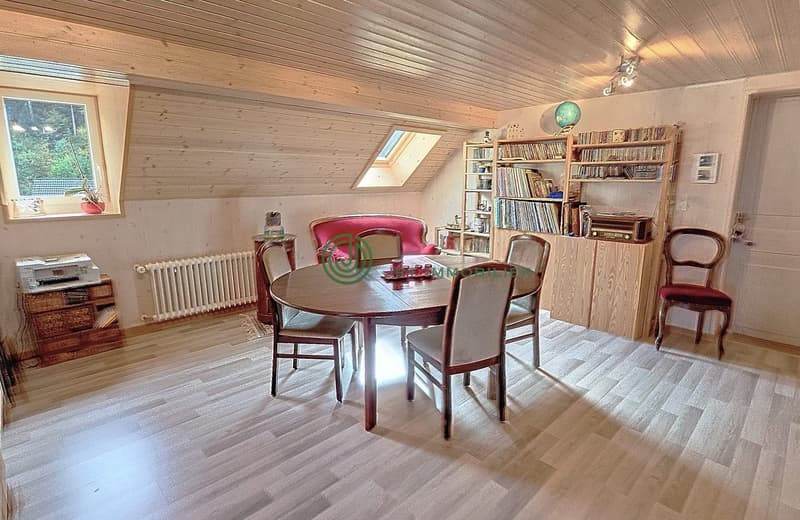 Dining room with wooden table, chairs, bookshelf, radiator, window with plant, globe, printer on cabinet