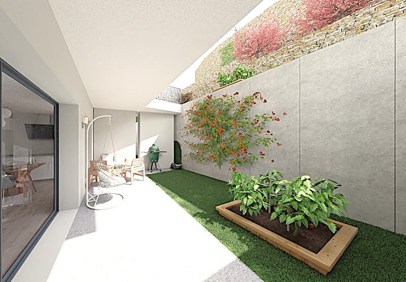An outdoor space with plants, a grill, garden furniture, and a hanging chair.