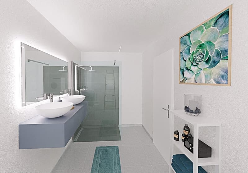 Bathroom with two basins, shower enclosure, mirrors, ladder, artwork, and a shelf with towels and toiletries.