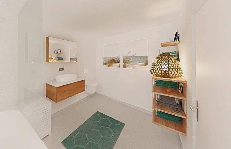 Bathroom features a bathtub, toilet, and sink. White walls, floor, and shelves. Green rug and picture frames on wall. Lamp above shelves.