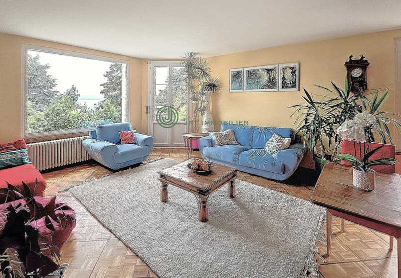 living room with wooden floor, large windows, blue couches, wooden table, carpet, plants, white curtains, white radiator, table with flower vase, picture frames, clock
