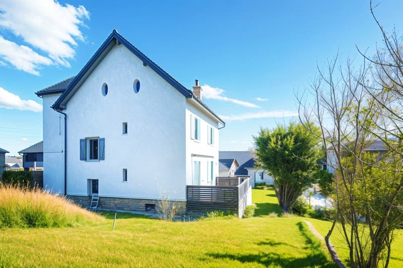 2 story house, white exterior, blue roof, windows, balcony, chimney, garden, trees