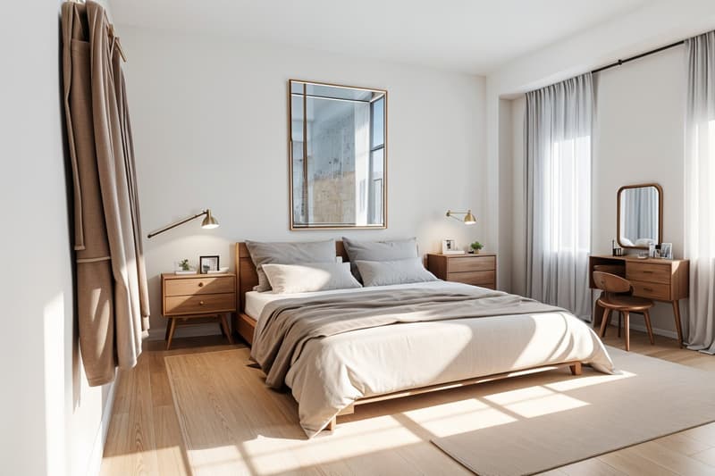 modern bedroom with wooden floor, bed, nightstands, mirror, desk, chair, curtains