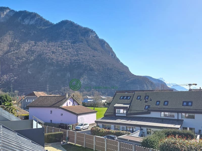 Houses in a village with a mountain view, one house has a car parked in front