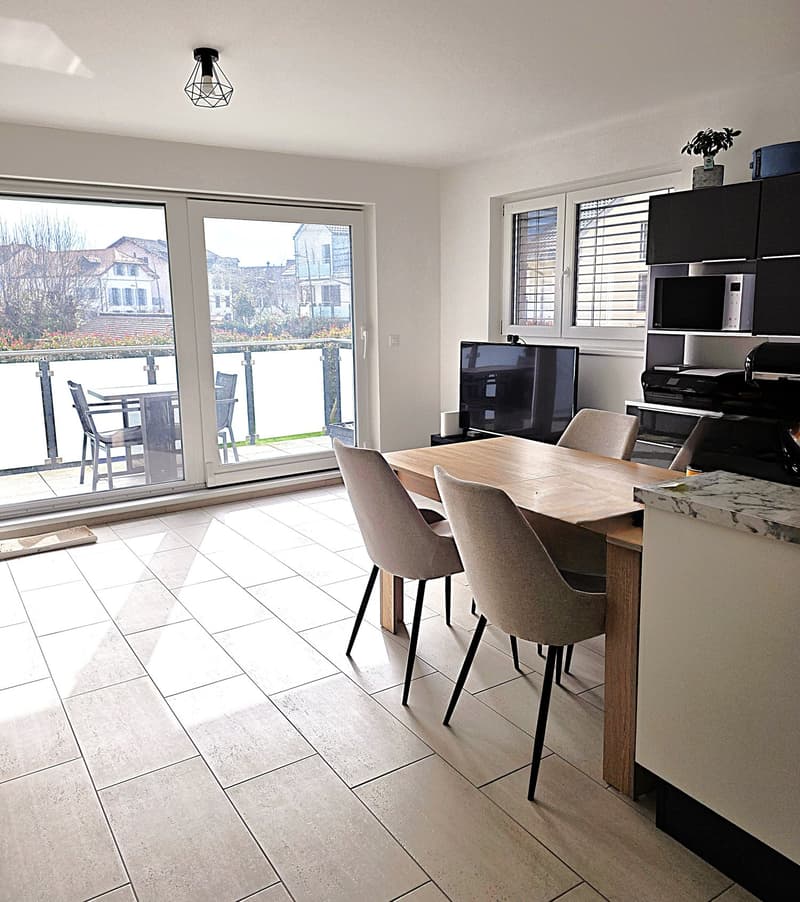dining room with large windows, balcony, table, chairs, TV, microwave, printer, plant