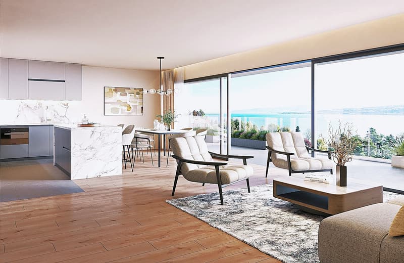 Open plan living room and kitchen, large windows, wooden floor, modern furniture, balcony, sea view