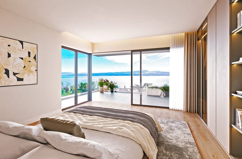 large bed, pillows, rug, sliding glass doors, balcony, view of the sea