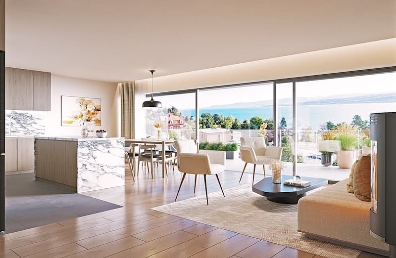Open plan living and dining area with large windows, modern kitchen, wooden floor, large rug, modern furniture, fireplace, view of the sea